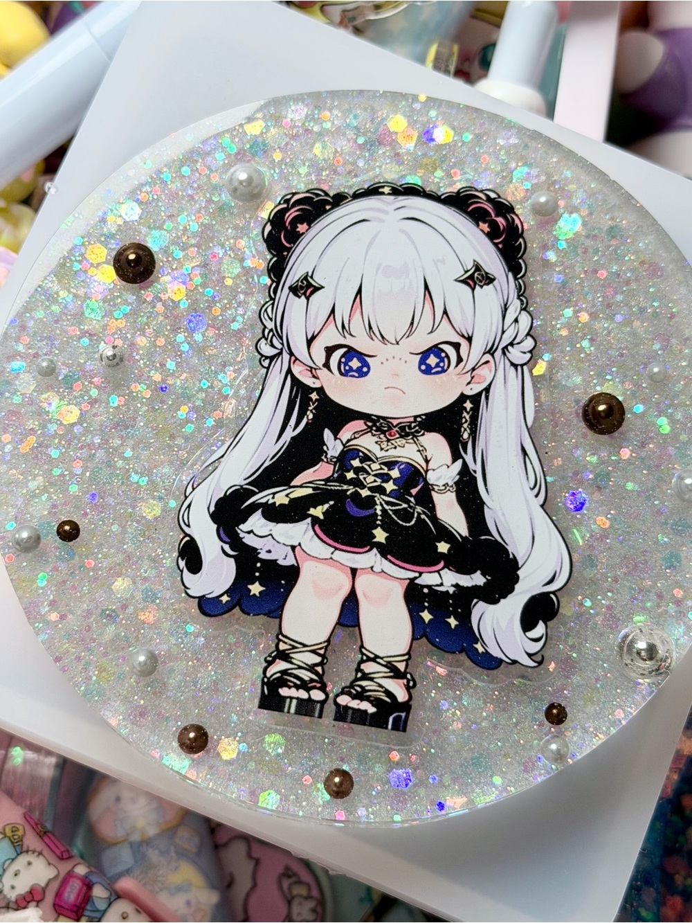 Dora Girl Glitter Coaster — White & Black with Holographic Sparkle DIY resin